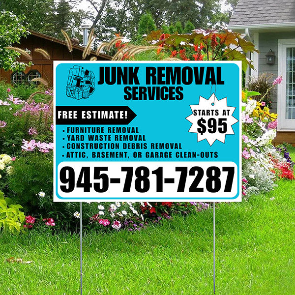 Junk Removal Services - Furniture Removal, Yard Waste Removal, Attic, Basement, or Garage Clean-Outs with Price Tag - Plain White Aqua Blue Design - YardSigns.com