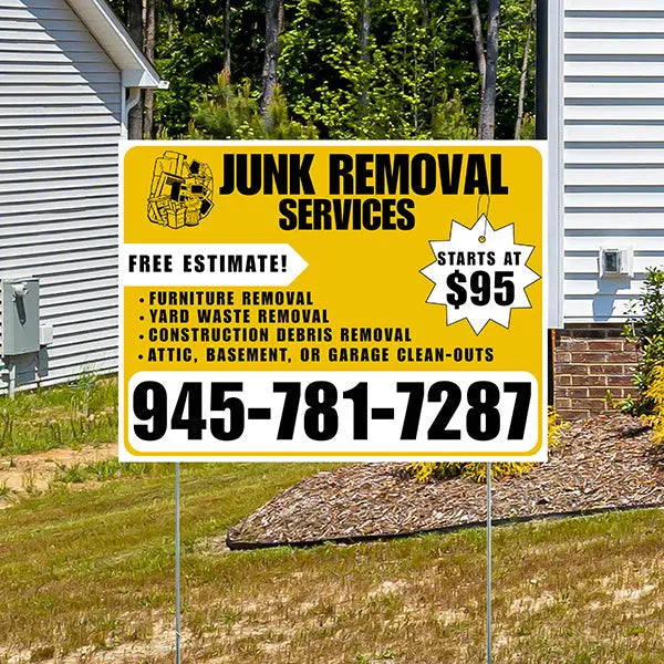 Junk Removal Services - Furniture Removal, Yard Waste Removal, Attic, Basement, or Garage Clean-Outs with Price Tag - Plain White Mustard Gold Design YardSigns.com