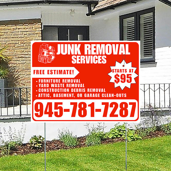 Junk Removal Services - Furniture Removal, Yard Waste Removal, Attic, Basement, or Garage Clean-Outs with Price Tag - Plain White Chili Red Design - YardSigns.com