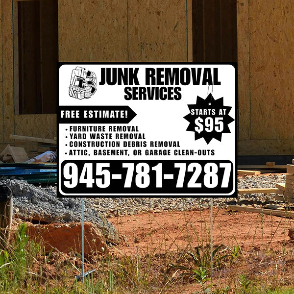 Junk Removal Services - Furniture Removal, Yard Waste Removal, Attic, Basement, or Garage Clean-Outs with Price Tag - Plain Black White Design - YardSigns.com