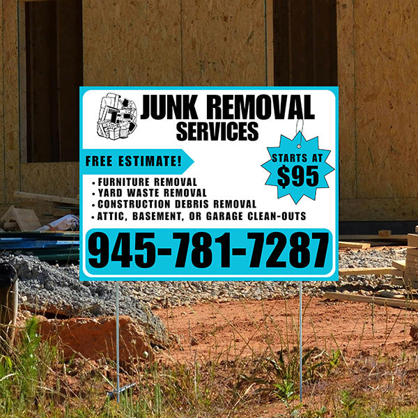 Junk Removal Services - Furniture Removal, Yard Waste Removal, Attic, Basement, or Garage Clean-Outs with Price Tag - Plain Aqua Blue White Design - YardSigns.com