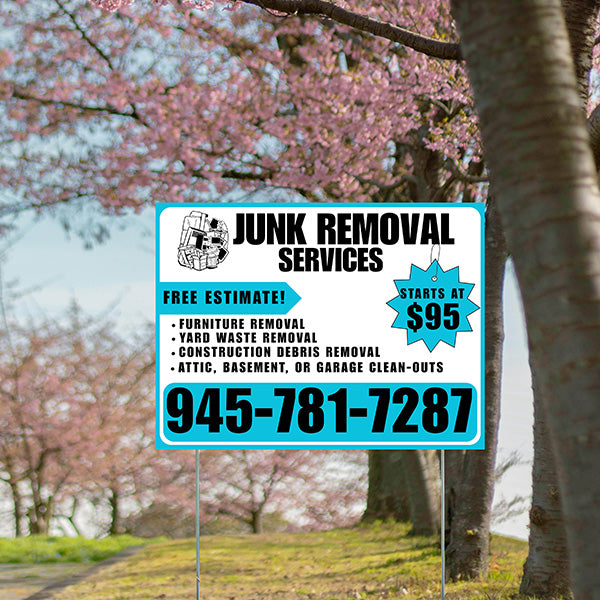Junk Removal Services - Furniture Removal, Yard Waste Removal, Attic, Basement, or Garage Clean-Outs with Price Tag - Plain Aqua Blue White Design - YardSigns.com