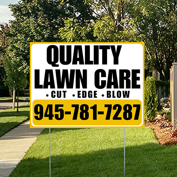 Landscaper - Quality Lawn Care - Cut Edge Blow - Mustard Gold White Design - YardSigns.com