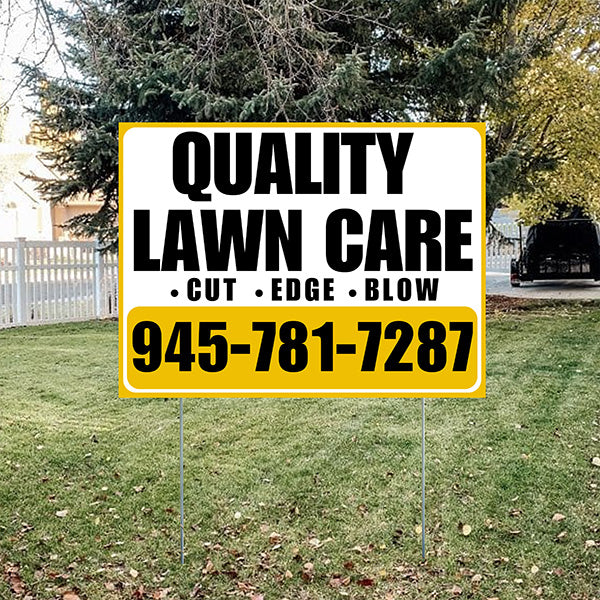 Landscaper - Quality Lawn Care - Cut Edge Blow - Mustard Gold White Design - YardSigns.com