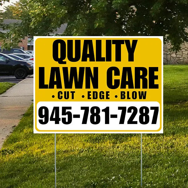 Landscaper - Quality Lawn Care - Cut Edge Blow - Mustard Gold White Design YardSigns.com