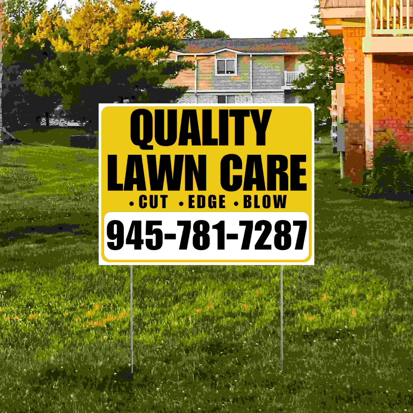 Landscaper - Quality Lawn Care - Cut Edge Blow - Mustard Gold White Design YardSigns.com