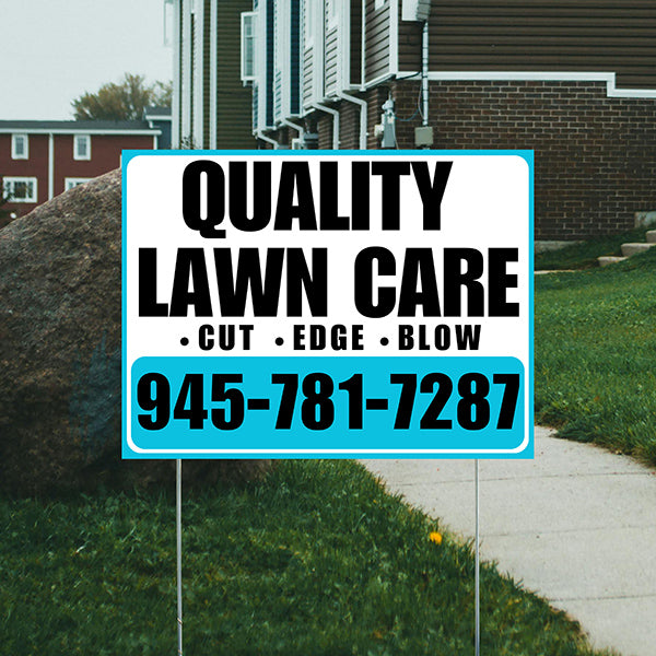 Landscaper - Quality Lawn Care - Cut Edge Blow - Aqua Blue White Design - YardSigns.com
