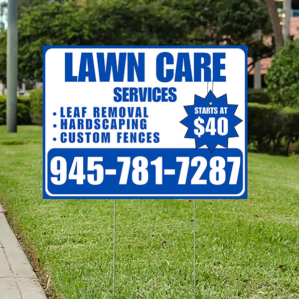 Landscaper - Lawn Care Services - Leaf Removal Hardscaping Custom Fences - Blue White Design - YardSigns.com