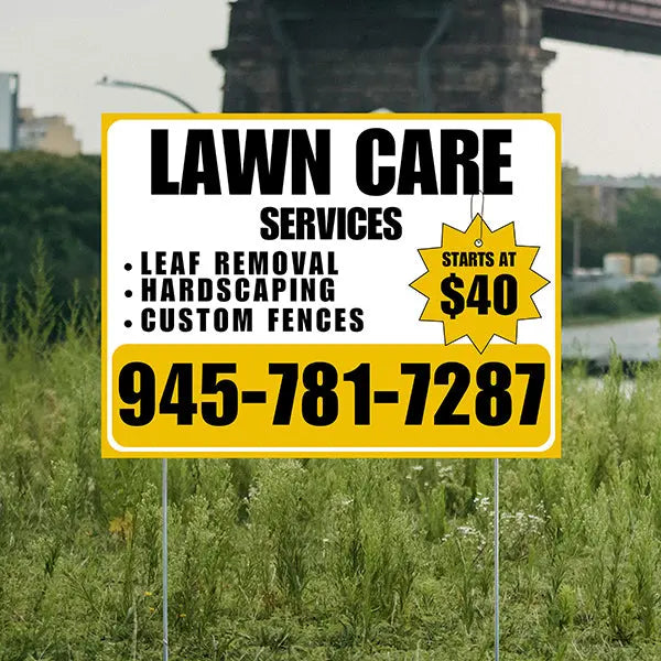 Landscaper - Lawn Care Services - Leaf Removal Hardscaping Custom Fences - White Mustard Gold Blue Design YardSigns.com
