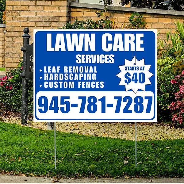 Landscaper - Lawn Care Services - Leaf Removal Hardscaping Custom Fences - Blue White Design YardSigns.com
