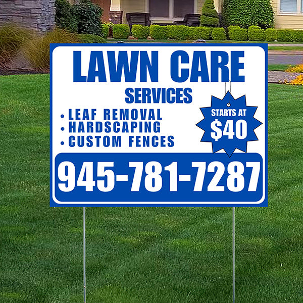 Landscaper - Lawn Care Services - Leaf Removal Hardscaping Custom Fences - Blue White Design - YardSigns.com