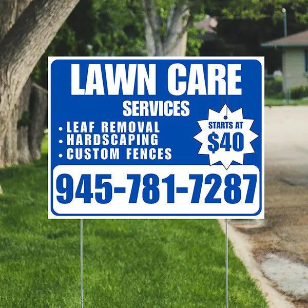 Landscaper - Lawn Care Services - Leaf Removal Hardscaping Custom Fences - Blue White Design YardSigns.com