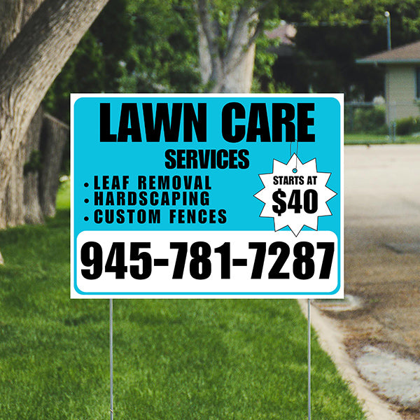 Landscaper - Lawn Care Services - Leaf Removal Hardscaping Custom Fences - White Aqua Blue Design - YardSigns.com