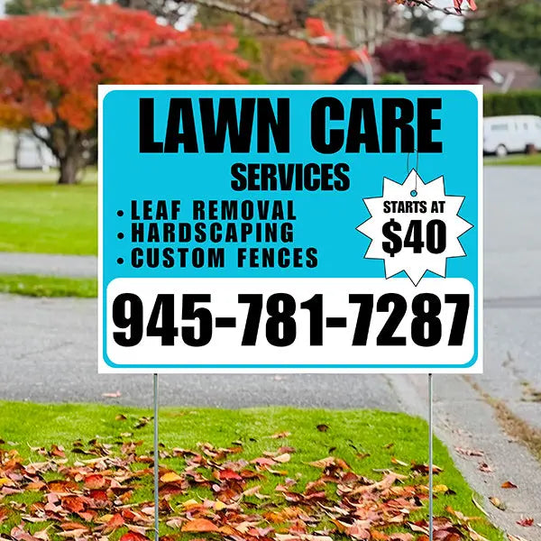 Landscaper - Lawn Care Services - Leaf Removal Hardscaping Custom Fences - Aqua Blue White Design YardSigns.com