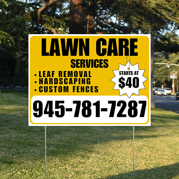 Landscaper - Lawn Care Services - Leaf Removal Hardscaping Custom Fences - White Mustard Gold Blue Design - YardSigns.com