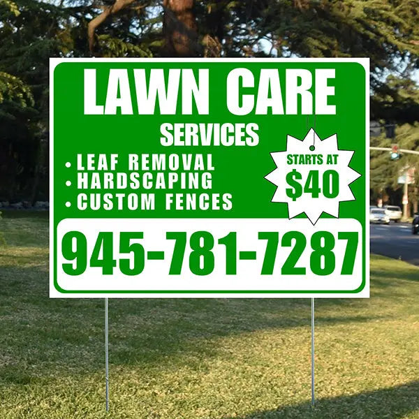 Landscaper - Lawn Care Services - Leaf Removal Hardscaping Custom Fences - Green White Design YardSigns.com
