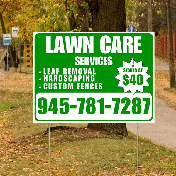 Landscaper - Lawn Care Services - Leaf Removal Hardscaping Custom Fences - Green White Design YardSigns.com