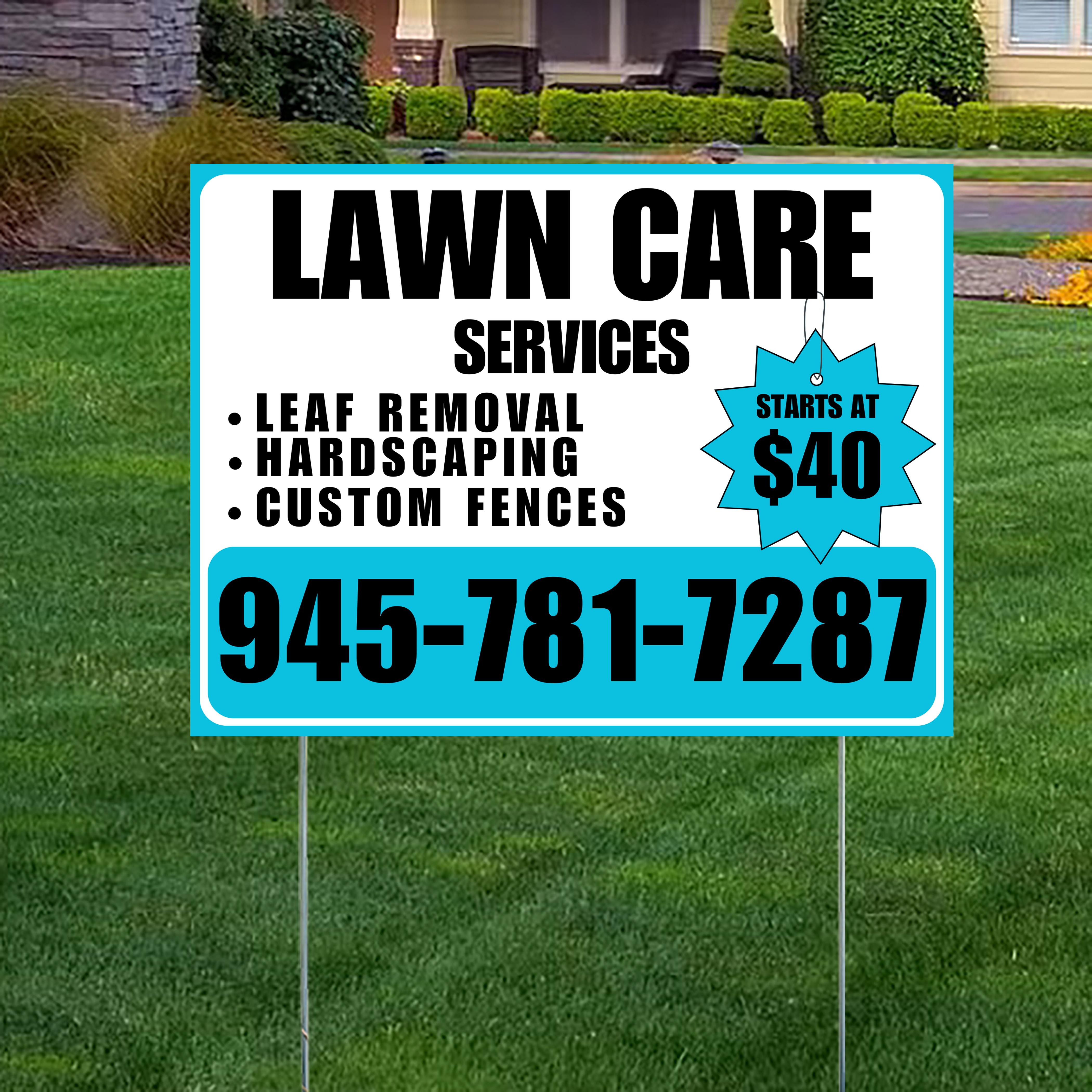 Landscaper - Lawn Care Services - Leaf Removal Hardscaping Custom Fences - Aqua Blue White Design - YardSigns.com