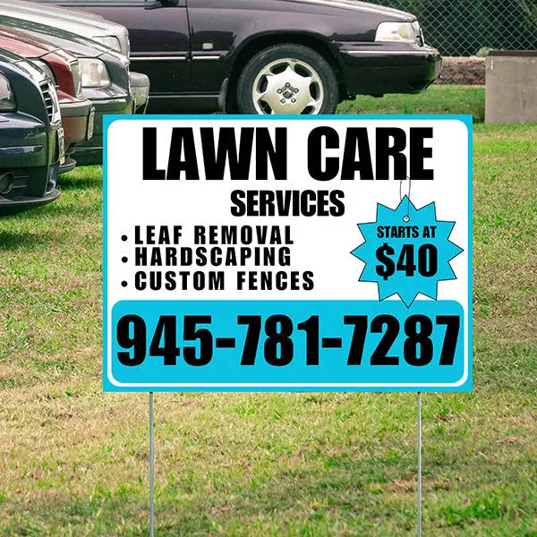 Landscaper - Lawn Care Services - Leaf Removal Hardscaping Custom Fences - White Aqua Blue Design YardSigns.com