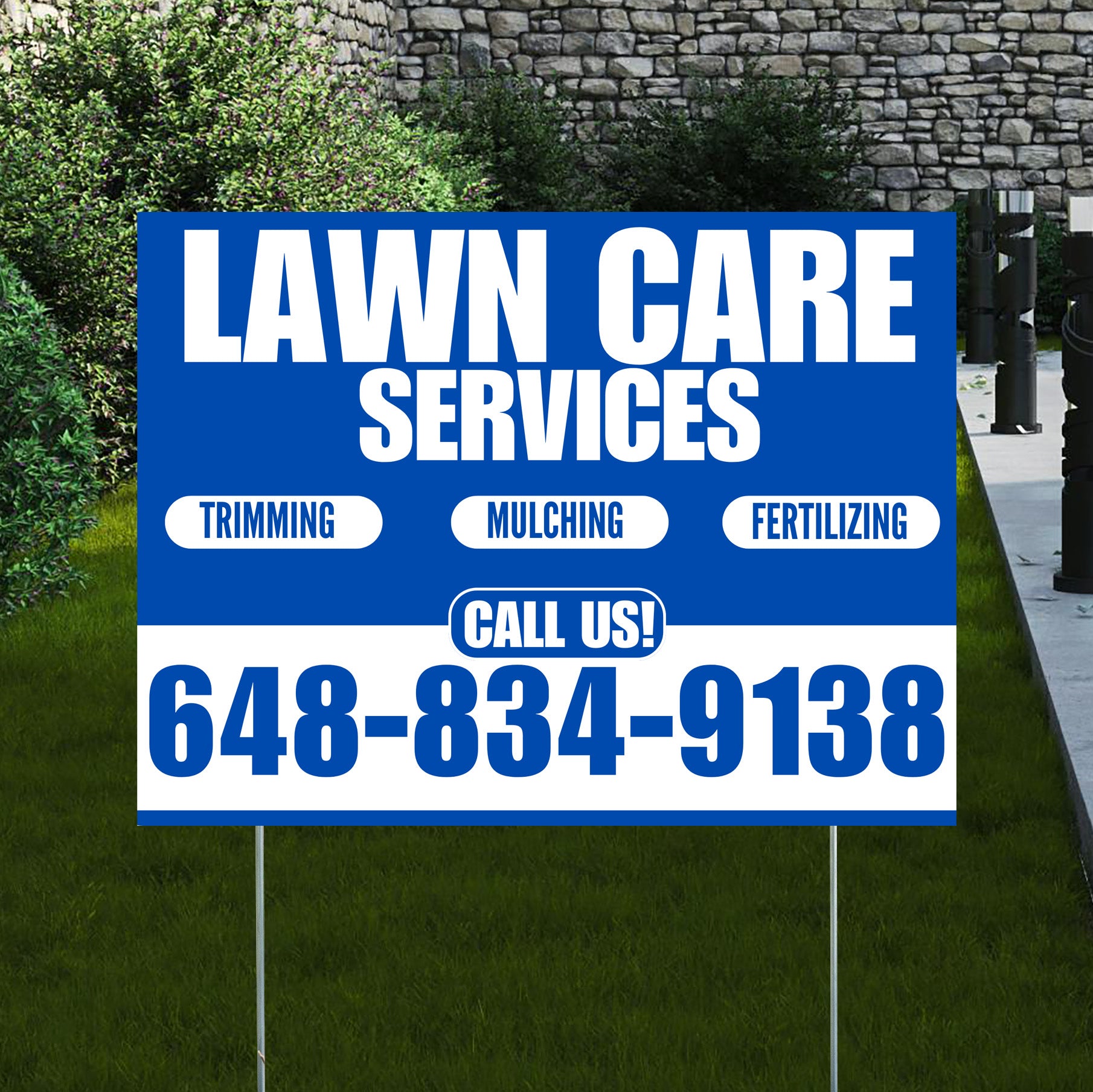 Landscaper - Lawn Care Services - Trimming Mulching Fertilizing - Blue White Design - YardSigns.com