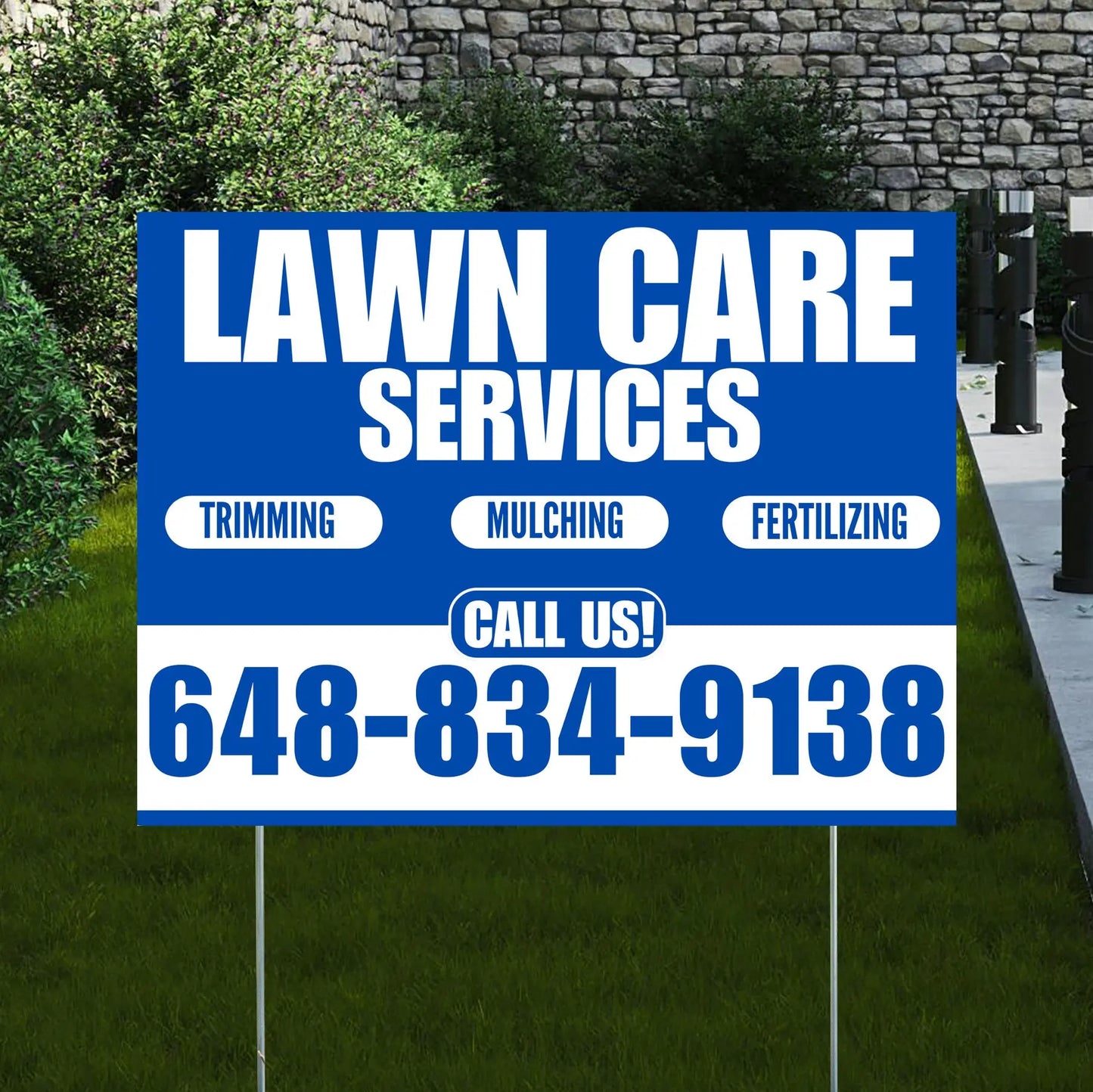 Landscaper - Lawn Care Services - Trimming Mulching Fertilizing - Blue White Design YardSigns.com