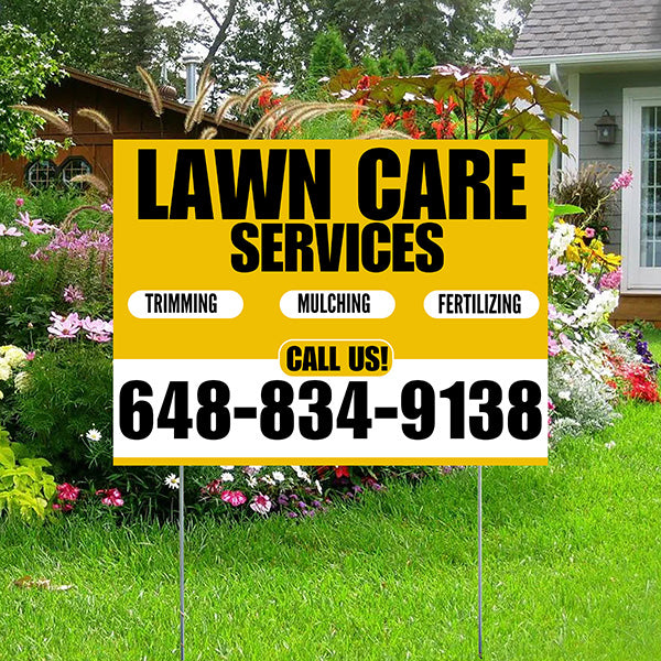 Landscaper - Lawn Care Services - Trimming Mulching Fertilizing - Mustard Gold White Design - YardSigns.com