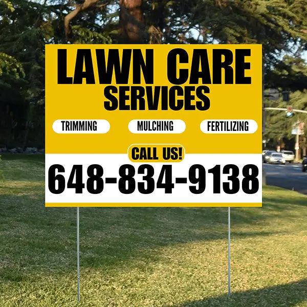 Landscaper - Lawn Care Services - Trimming Mulching Fertilizing - Mustard Gold White Design YardSigns.com