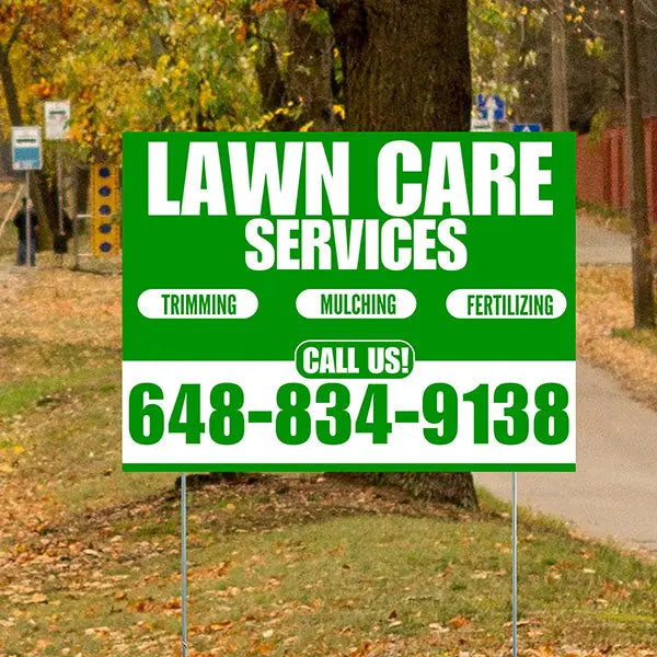 Landscaper - Lawn Care Services - Trimming Mulching Fertilizing - Green White Design YardSigns.com