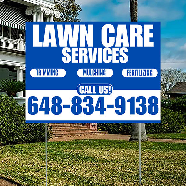 Landscaper - Lawn Care Services - Trimming Mulching Fertilizing - Blue White Design - YardSigns.com