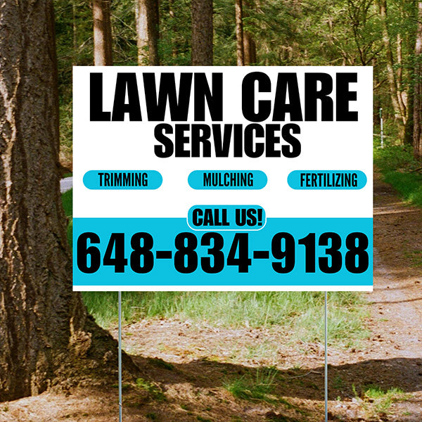 Landscaper - Lawn Care Services - Trimming Mulching Fertilizing - White Aqua Blue Design - YardSigns.com