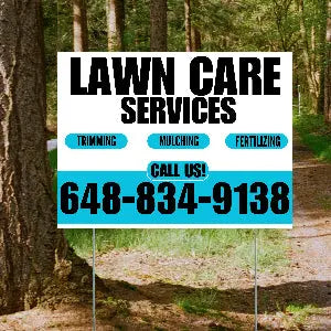Landscaper - Lawn Care Services - Trimming Mulching Fertilizing - White Aqua Blue Design YardSigns.com