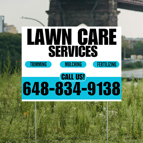 Landscaper - Lawn Care Services - Trimming Mulching Fertilizing - White Aqua Blue Design - YardSigns.com