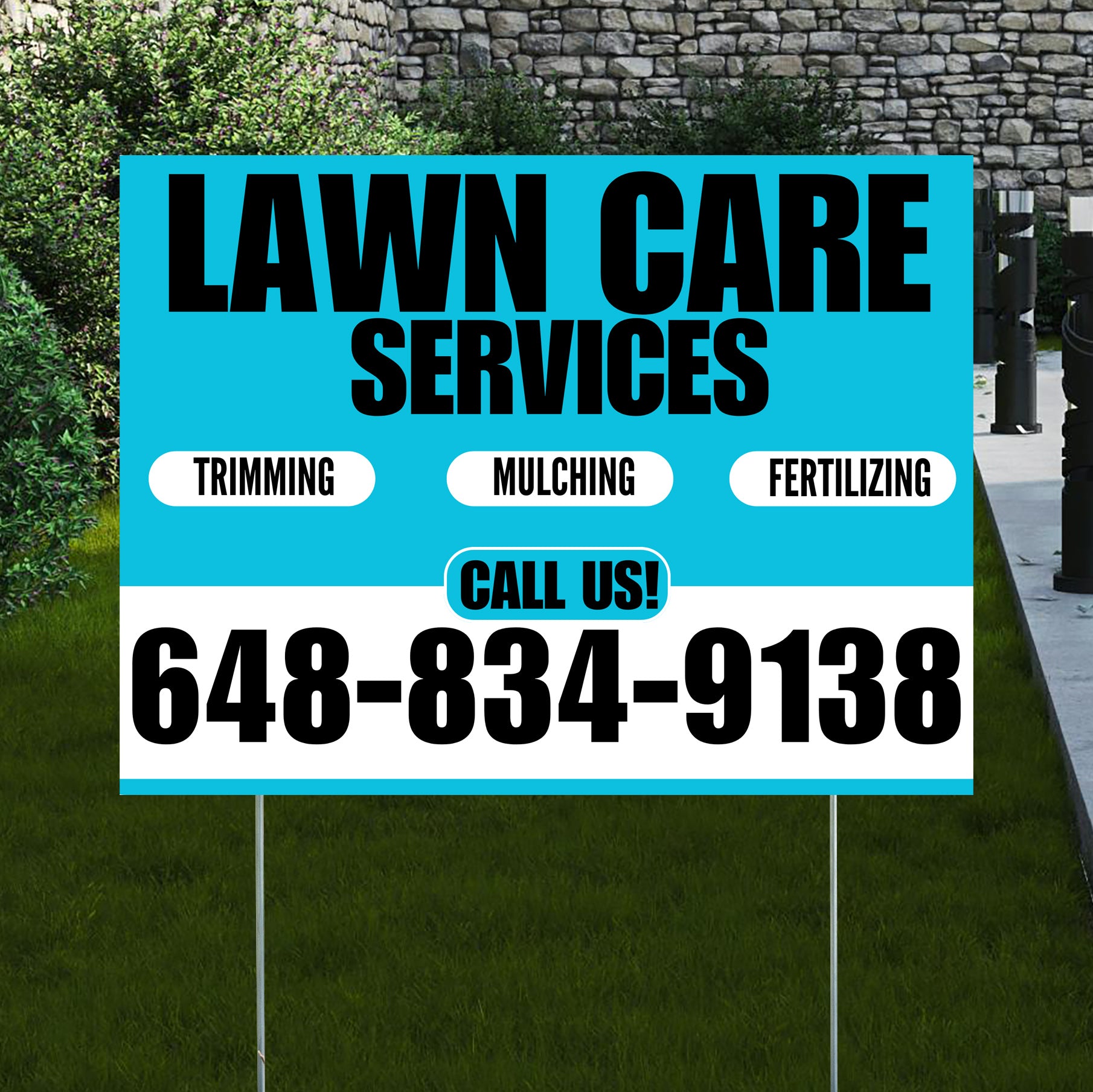 Landscaper - Lawn Care Services - Trimming Mulching Fertilizing - Aqua Blue White Design - YardSigns.com