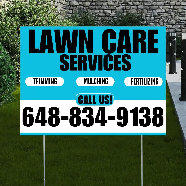 Landscaper - Lawn Care Services - Trimming Mulching Fertilizing - Aqua Blue White Design YardSigns.com