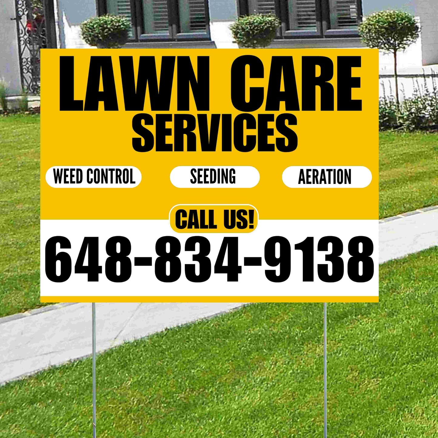 Landscaper - Lawn Care Services - Weed Control Seeding Aeration - Mustard Gold White Design YardSigns.com