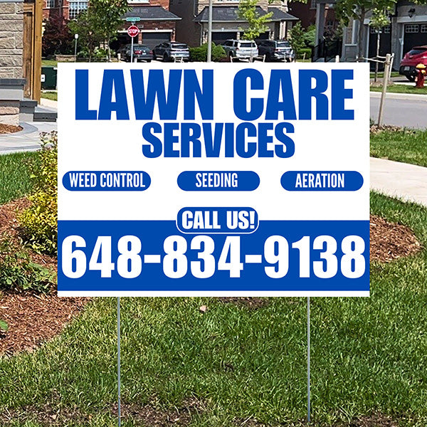Landscaper - Lawn Care Services - Weed Control Seeding Aeration - White Blue Design - YardSigns.com
