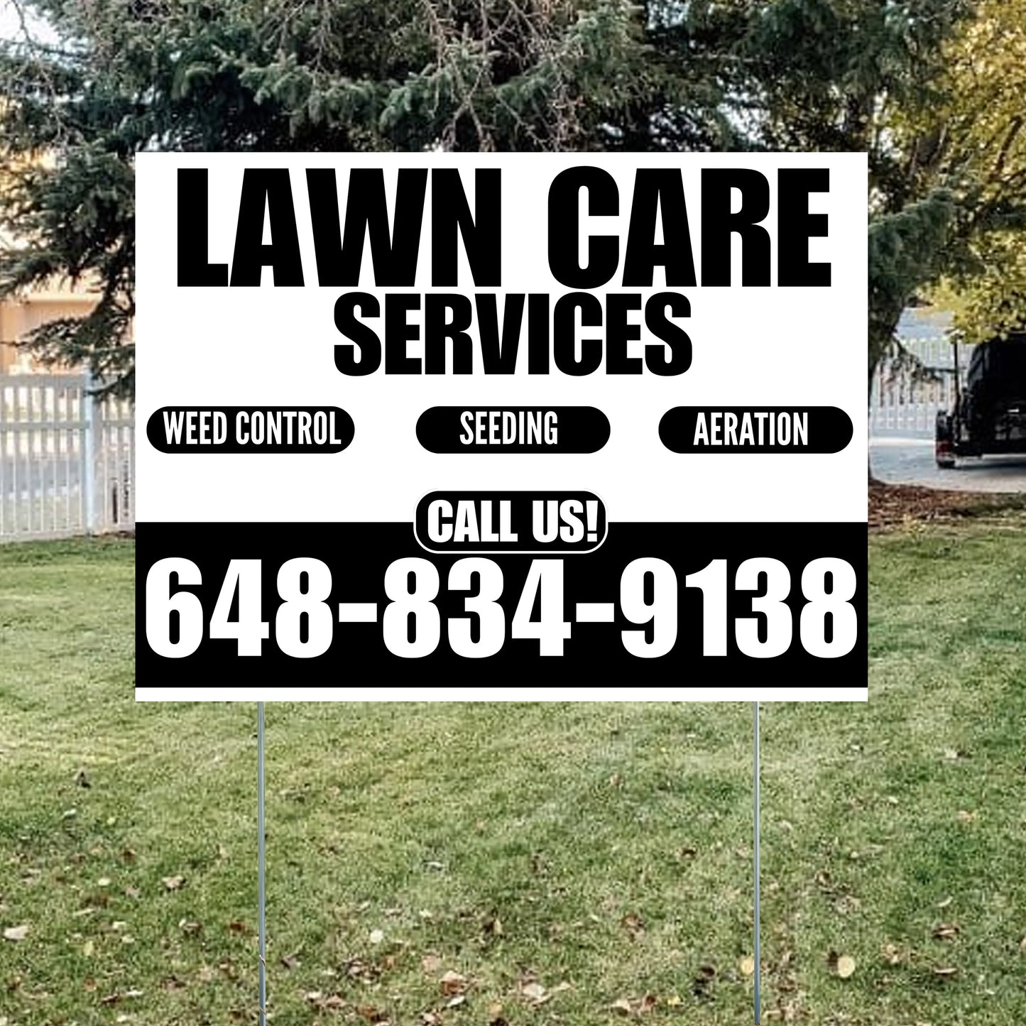 Landscaper - Lawn Care Services - Weed Control Seeding Aeration - White Black Design YardSigns.com