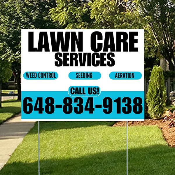 Landscaper - Lawn Care Services - Weed Control Seeding Aeration - White Aqua Blue Design YardSigns.com