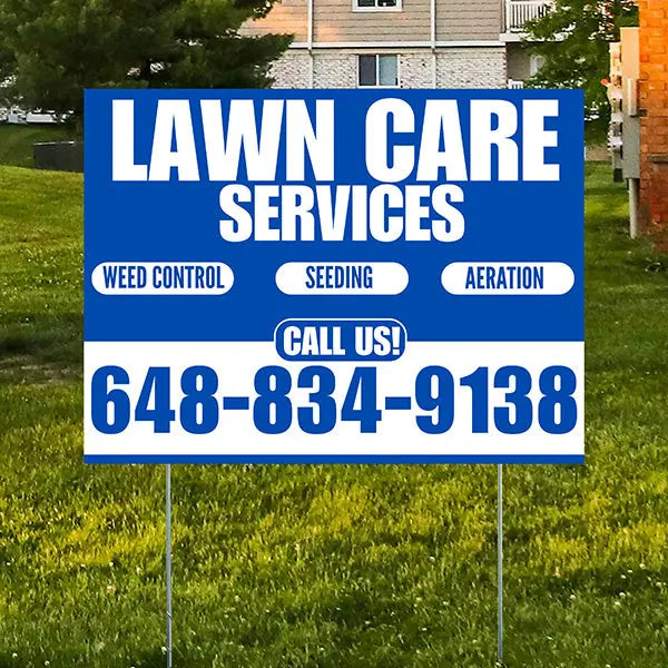Landscaper - Lawn Care Services - Weed Control Seeding Aeration - Blue White Design YardSigns.com