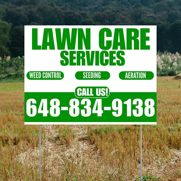 Landscaper - Lawn Care Services - Weed Control Seeding Aeration - White Green Design YardSigns.com