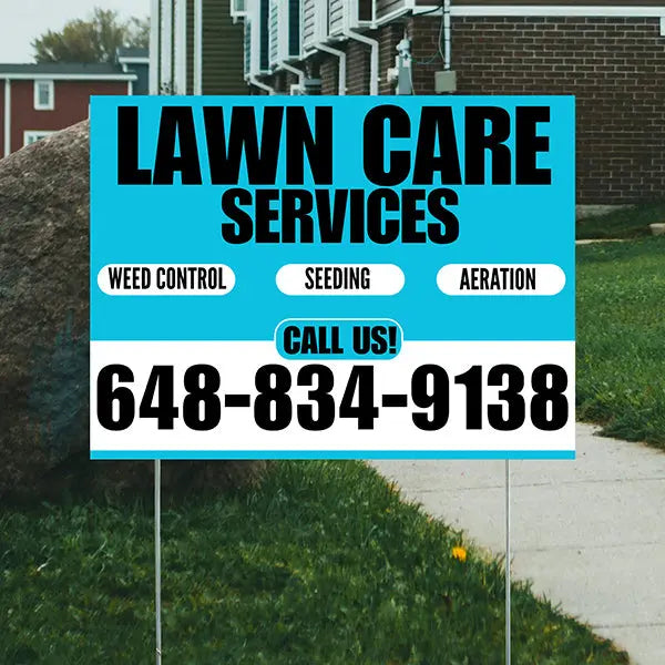 Landscaper - Lawn Care Services - Weed Control Seeding Aeration - Aqua Blue White Design YardSigns.com