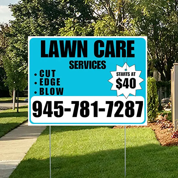 Landscaper - Quality Lawn Care with Price Tag - Aqua Blue White Design YardSigns.com