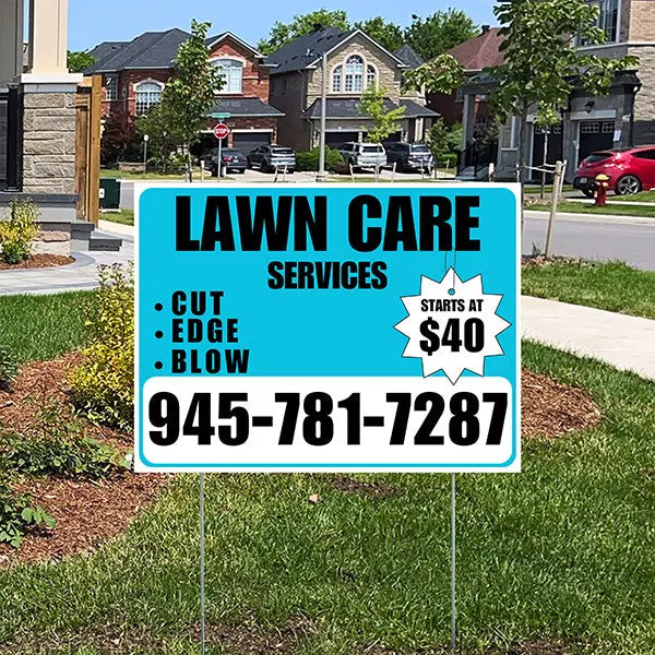 Landscaper - Quality Lawn Care with Price Tag - Aqua Blue White Design YardSigns.com