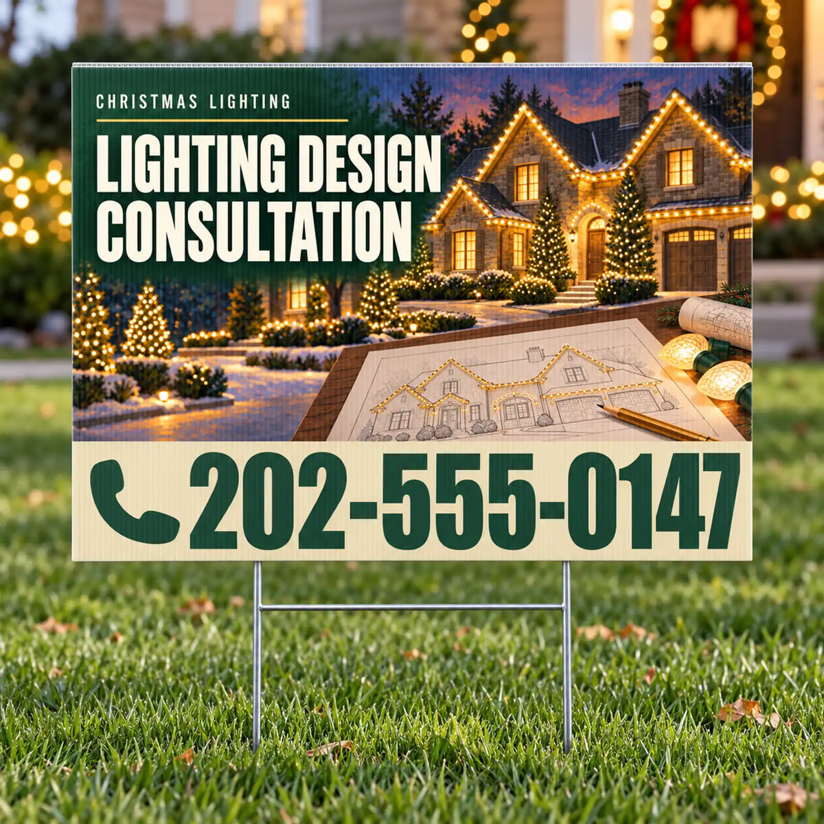 Holiday Signs - Christmas Lights Installation - Lighting Design Consultation Yard Sign - Pine & Champagne- 24 x 18