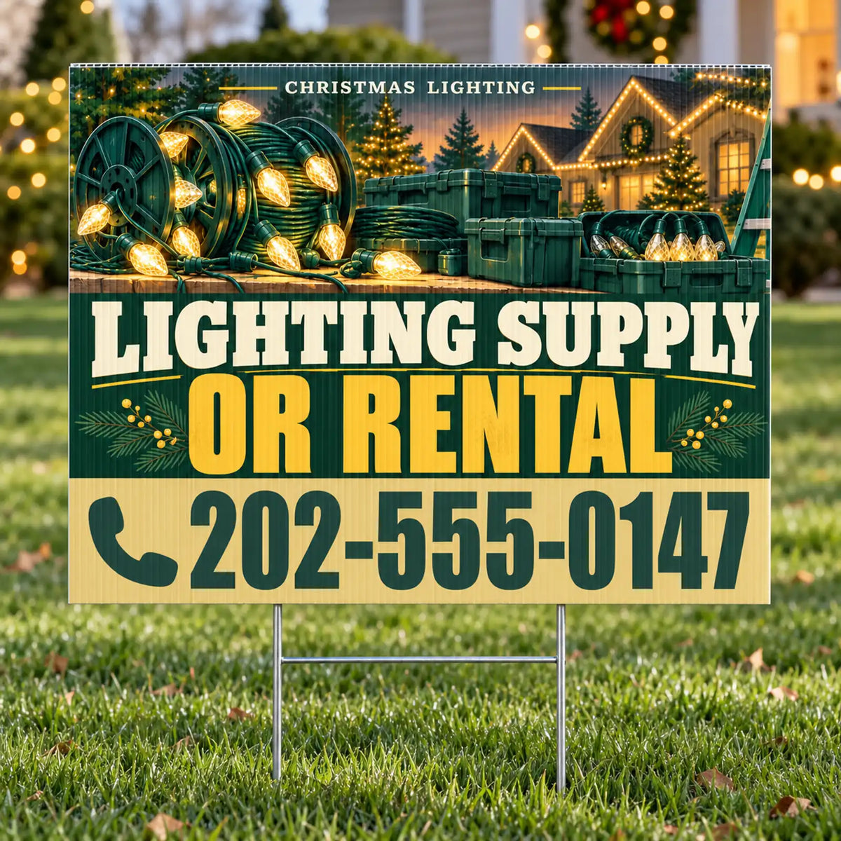 Holiday Signs - Christmas Lights Installation - Lighting Supply or Rental Yard Sign - Evergreen & Mustard - 24 x 18