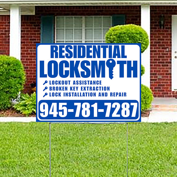 Residential Locksmith Services - Lockout Assistance, Broken Key Extraction, Lock Installation and Repair - Plain Blue White Design - YardSigns.com
