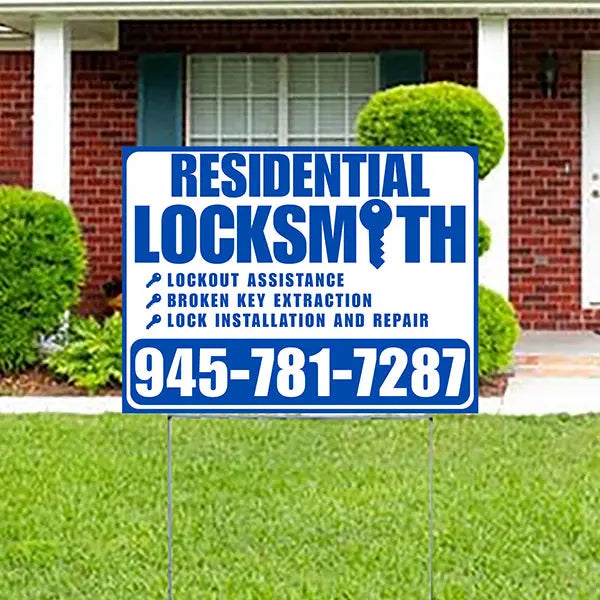 Residential Locksmith Services - Lockout Assistance, Broken Key Extraction, Lock Installation and Repair - Plain Blue White Design - YardSigns.com