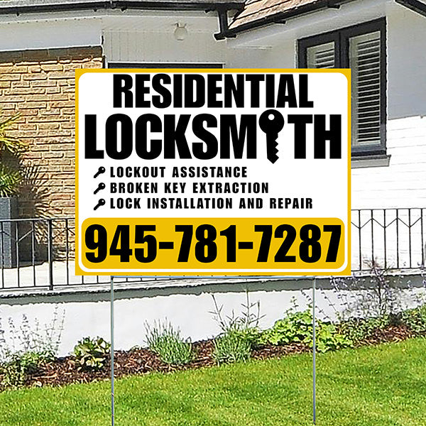 Residential Locksmith Services - Lockout Assistance, Broken Key Extraction, Lock Installation and Repair - Plain Mustard Gold White Design - YardSigns.com