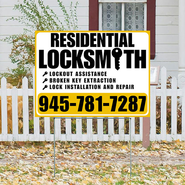 Residential Locksmith Services - Lockout Assistance, Broken Key Extraction, Lock Installation and Repair - Plain Mustard Gold White Design - YardSigns.com