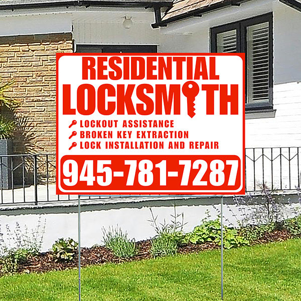 Residential Locksmith Services - Lockout Assistance, Broken Key Extraction, Lock Installation and Repair - Plain Chili Red White Design - YardSigns.com